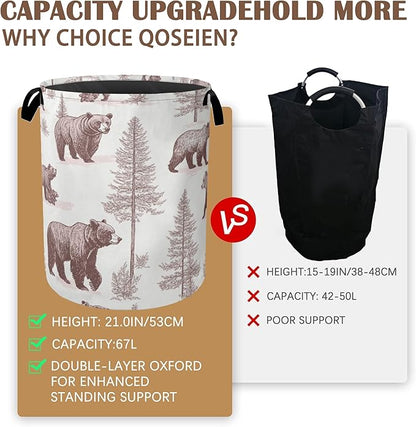 Large Laundry Basket,Retro Bear Collapsible Laundry Baskets,Forest Printed Waterproof Oxford Hamper with Handles for Bathroom Bedroom Nursery Home Storage 16"x20"