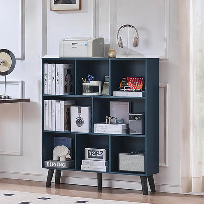 LEYAOYAO 8 Cube Bookshelf,3 Tier Bookcase with Legs,Dark Blue Mid-Century Modern Bookshelves,Large Open Storage Organizer Shelf, Wooden Book Case