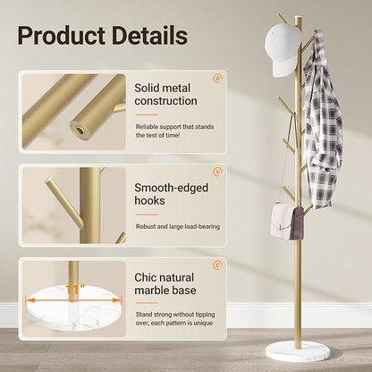 ELYKEN Coat Rack Freestanding with Natural Marble Base, Metal Coat Rack Stand with 10 Hooks, 3 Adjustable Size Coat Tree for Bags, Clothes, and Hats for Entryway, Bedroom, Hallway, Office, Gold