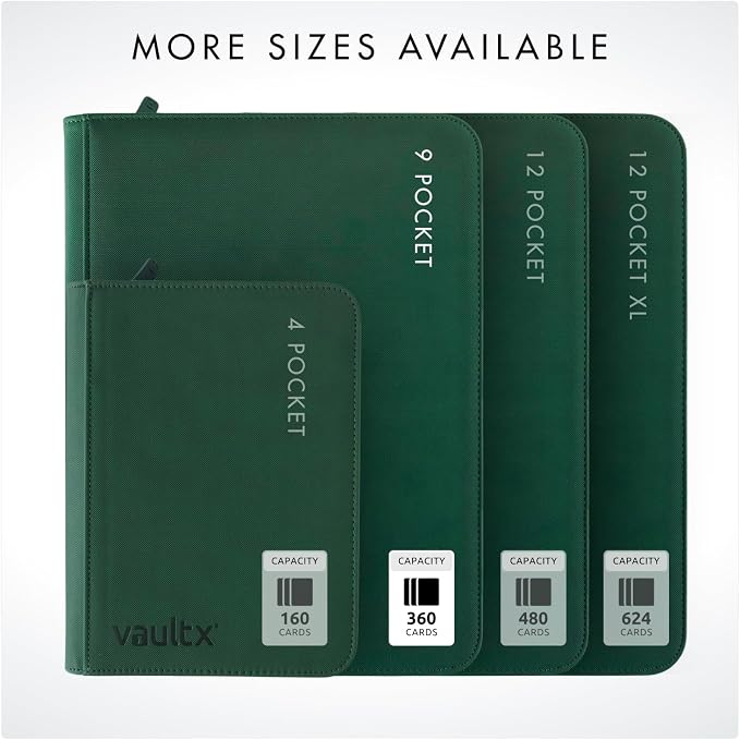 Vault X 9 Pocket Zip Binder, 360 Cards, Exo-Tec Material, 20 Side-Loading Pages (Green)