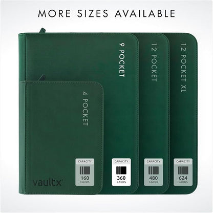 Vault X 9 Pocket Zip Binder, 360 Cards, Exo-Tec Material, 20 Side-Loading Pages (Green)