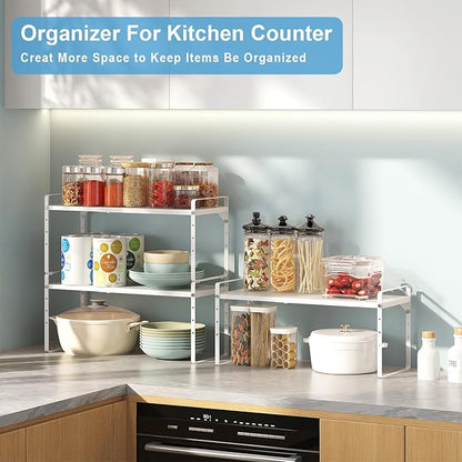 15.5 to 25.5 Inch Kitchen Cabinet Shelf Organizers, Adjustable Kitchen Counter Shelf Organizer, Set of 4 Expandable Countertop Storage Shelves, Stackable Design, 30LBS Heavy Duty, Space Saver