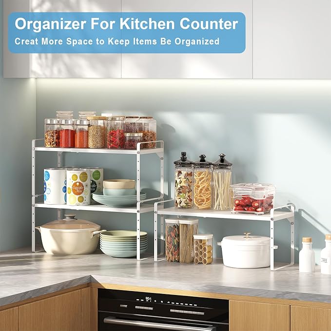 Set of 2 Expandable Cabinet Shelf Organizer, Stackable Kitchen Countertop Shelves Spice Racks, Small Storage Shelf For Cupboard Counter Tabletop, 30 LBS Heavy Duty, Adjustable, 13.8" to 21.6" Long