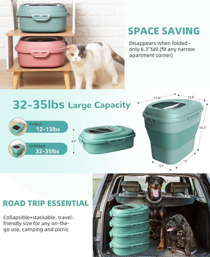 32-35 Lbs Dog Food Storage Container Collapsible Dog Food Container with Airtight Lids, Wheels, Scoop and 2pcs Food Storage Containers, Large Pet food storage for Dog, Cat
