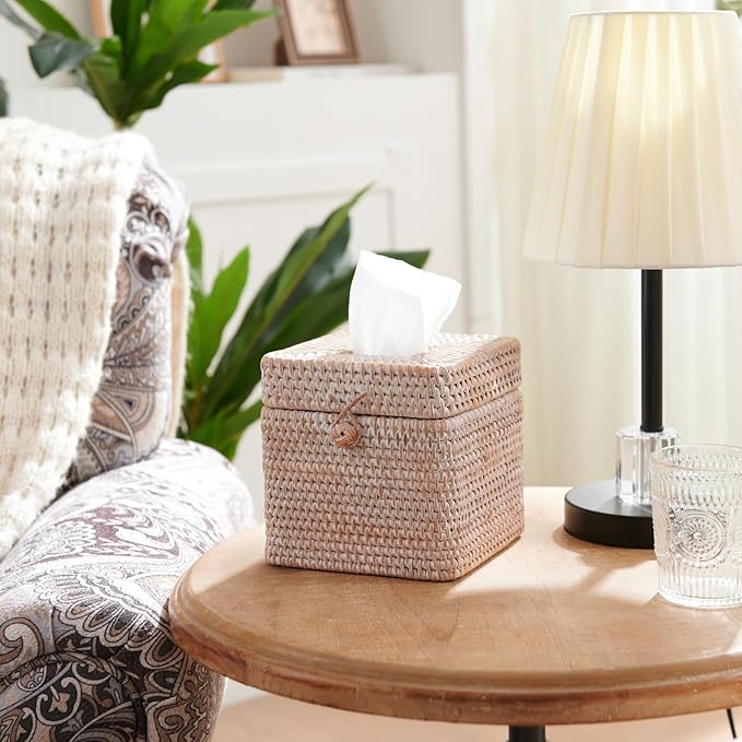 Rattan Square Tissue Box Cover, 5.7" x 5.7" x 5", Decorative Woven Facial Tissue Holder with Hinged Top Lid, Whitewash