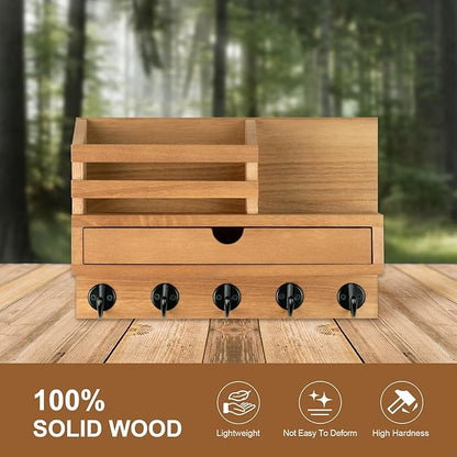 Key Holder Wall Mount, Mail Holder with Storage Drawer and 5 Key Hooks for Coat, Dog Leash, Home Decor Rack, House Accessories, Entry Way Organizer (Wood)