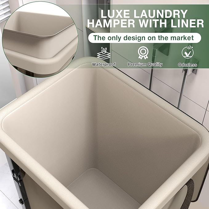 40 Gal(150L) Laundry Basket with Lid, Rolling Laundry Hamper with Wheels, Dirty Clothes Hamper with Metal Frame and Removable Bag Design, Suitable for Laundry Room, Bedroom - White