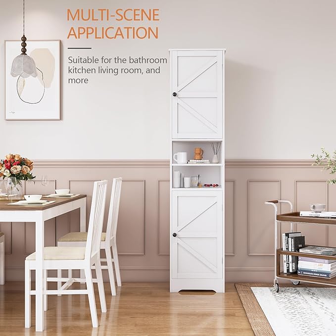Tall Bathroom Storage Cabinet, Vertical Freestanding Organizer with Adjustable Shelf, Slim Design for Small Bathrooms, Towels & Toiletries Storage（White）