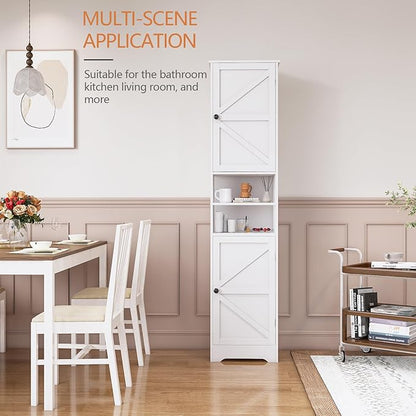Tall Bathroom Storage Cabinet, Vertical Freestanding Organizer with Adjustable Shelf, Slim Design for Small Bathrooms, Towels & Toiletries Storage（White）
