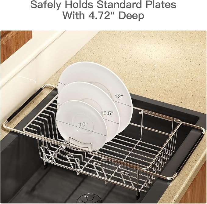 MAJALiS Dish Drying Rack Over The Sink with Utensil Holder, Mat | Expandable Stainless Steel Dish Drainer for Small Kitchen, Apartment, RV, Counter Space Saving, Perfect Fit, Rustproof