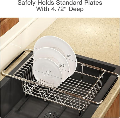 Over the Sink Expandable Dish Drainer Drying Rack In Stainless Steel for Small Kitchen, Counter Space Saving Modern Compact Metal Above Plate Dryer Strainer, Adjustable Hanging Inside Drain Holder | Expandable Stainless Steel Dish Drainer for Small Kit...