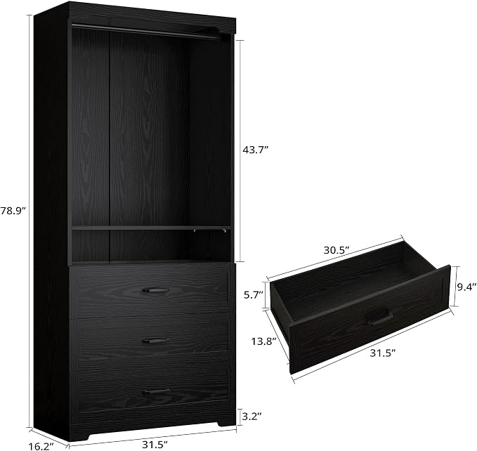 IRONCK Freestanding Closet System with 3 Wood Drawers, 31.5" Black | Modern armoire wardrobe with adjustable shelves & hanging rod, walk-in closet organizer for small spaces, space-saving design