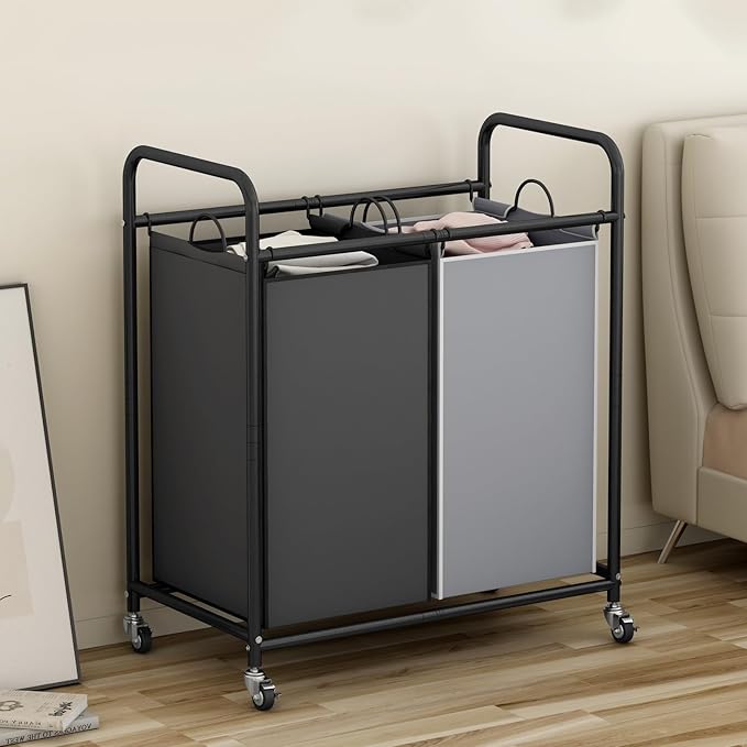 SUOERNUO Laundry Sorter Basket 2 Bag Laundry Hamper Cart with Rolling Lockable Wheels and Removable Bags Laundry Organizer Cart for Clothes Storage