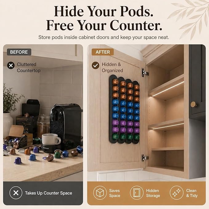 Bamboo Coffee Pod Holder, Adhesive Wall Mount (No Drilling) for Cabinet Door, 36-Capsule Storage (Set of 4) — Vertical/Horizontal — Compatible with Nespresso Original Line-Black