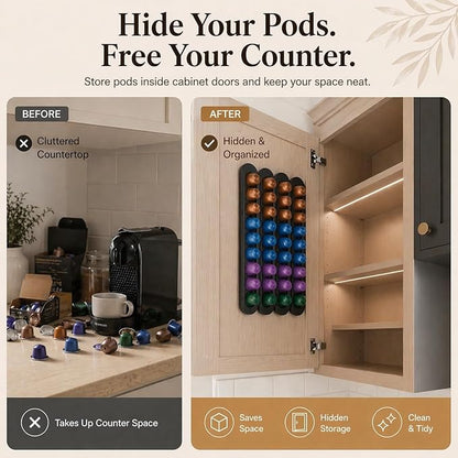 Bamboo Coffee Pod Holder, Adhesive Wall Mount (No Drilling) for Cabinet Door, 36-Capsule Storage (Set of 4) — Vertical/Horizontal — Compatible with Nespresso Original Line-Black
