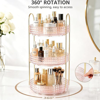 Fangoo 3 Tiers Pink Rotating Makeup Organizer for Vanity 360 Spinning Skincare Organizers for Dresser Perfume Organizer Large Skincare Make up Storage Cosmetic Organizer for Bathroom Countertop