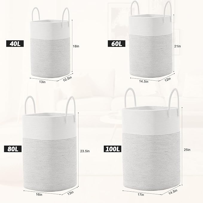 Artfeel Laundry Basket,Woven Cotton Rope Laundry Hamper,100L Versatile Storage for Dirty Clothes,Baby Toys,and Blankets in Bathroom, Nursery,and Living Room