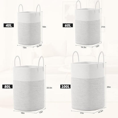 Artfeel Laundry Basket,Woven Cotton Rope Laundry Hamper,100L Versatile Storage for Dirty Clothes,Baby Toys,and Blankets in Bathroom, Nursery,and Living Room