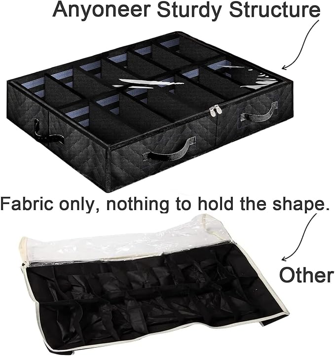 Under Bed Shoe Storage Organizer, Set of 2, Sturdy Structure, Adjustable Dividers, Reinforced Handle, Sturdy Zipper, Underbed Storage Solution with Clear Window, Breathable, Black