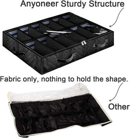 Under Bed Shoe Storage Organizer, Set of 2, Sturdy Structure, Adjustable Dividers, Reinforced Handle, Sturdy Zipper, Underbed Storage Solution with Clear Window, Breathable, Black