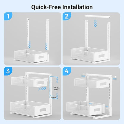 TISTAYA Pull-out Under Kitchen Sink Organizer, Metal Functional Under Sink Organizer, Height Adjustable Under Bathroom Sink Organizer, Under Sink Storage for Kitchen Bathroom Cabinet (White)
