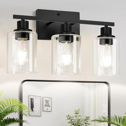 3-Light Bathroom Light Fixtures, Vanity Light with Clear Glass Shades, Matte Black Bathroom Light Fixtures Over Mirror, Modern Bathroom Wall Lamp for Mirror Living Room Cabinet Bedroom
