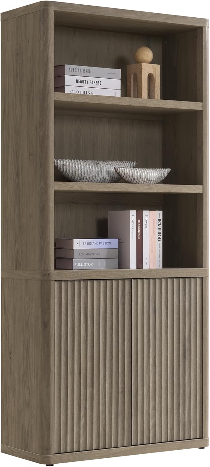 SICOTAS Book Shelf with Doors 71" Tall 6 Tier Bookshelf with Adjustable Shelves Fluted Booshelves & Bookcases Modern Book Case with Large Storage Display Cabinet for Living Room Home Office Bedroom