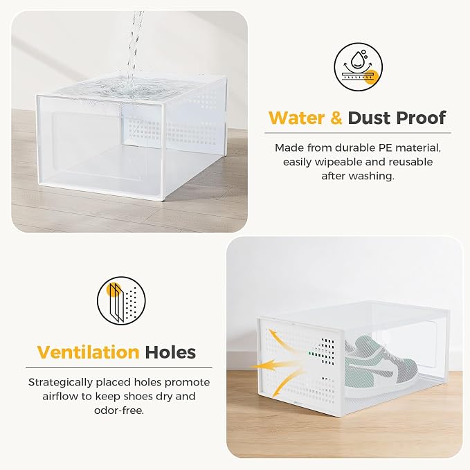Sweetcrispy Shoe Storage Boxes, Clear Plastic Stackable Shoe Rack Organizer with Lids for Closet, Foldable Sneaker Container, Under Bed and Entryway, 12 Pack, Clear White