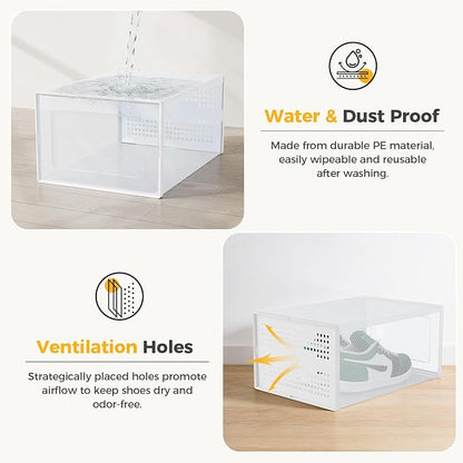 Sweetcrispy Shoe Storage Boxes, Clear Plastic Stackable Shoe Rack Organizer with Lids for Closet, Foldable Sneaker Container, Under Bed and Entryway, 15 Pack, Clear White