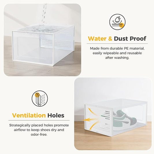 Sweetcrispy Shoe Storage Boxes, Clear Plastic Stackable Shoe Rack Organizer with Lids for Closet, Foldable Sneaker Container, Under Bed and Entryway, 15 Pack, Clear White