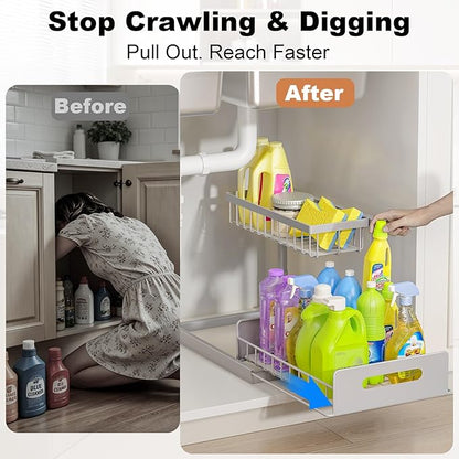 REALINN Under Sink Organizer, Pull Out Cabinet Organizer 2 Tier Slide Out Sink Shelf Cabinet Storage Shelves, Storage for Kitchen Bathroom, Grey, 2 Pack
