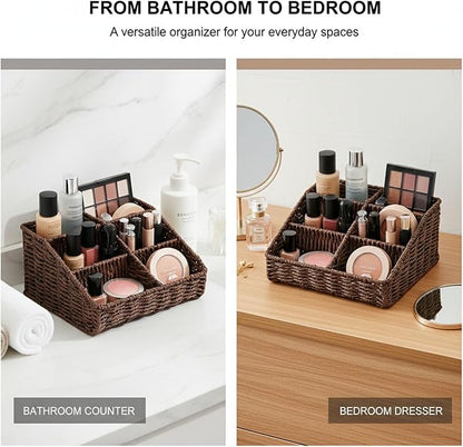 Makeup Organizer, Hand-woven Wicker Basket for Dresser Vanity and Bathroom Countertop, 6 Compartment Skincare Organizer Cosmetic Display Case, Beauty Holder for Lipstick Brush Eyeshadow - Brown