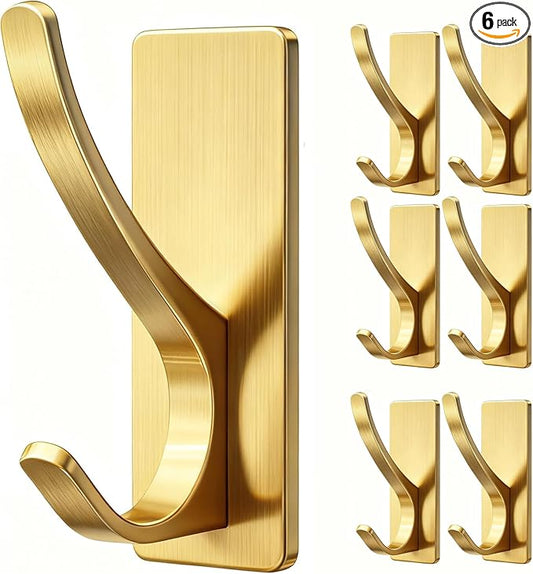 pickpiff Brushed Gold Self Adhesive Coat Hooks for Hanging: 13LB Extra Strong Stainless Wall Hook for Towel, Utensil, Backpack, Hat, Sturdy Metal Hanger for Bathroom, Kitchen, Door, 6-Pack
