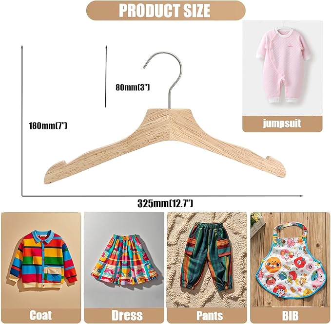 Natural 12.7" Ultra-Thin Wooden Children Closet Clothes Hangers 24PCS Wood Baby Kids Coat Hangers for Infant Toddler Newborn Jumpsuit Pants Skirts Jeans Space Saving Heavy Duty Durable Hangers