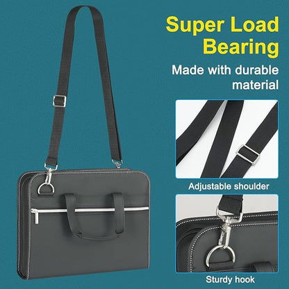 SEEKIND PU Leather Accordian File Organizer 26 Pockets, Expanding File Folder with Handle&Carrying Strap, Document Organizer File Holder for Letter Size / A4 File, for Office, School-Black