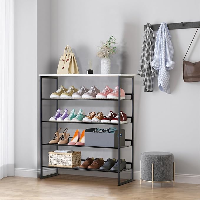 Garden 4 you 5 Tiers Shoe Rack,Multi-Purpose Adjustable Flat and Slant White Marble Freestanding Organizer Storage Rack Shoe Shelf, High Heels Potted Plant for Entryway Hallway Living Room Closet