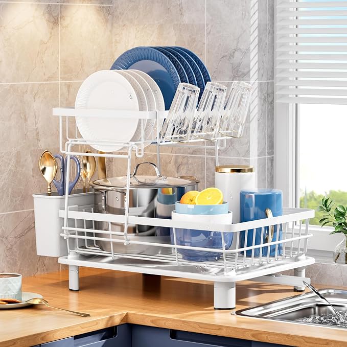 GAOKASE Dish Drying Rack, Stainless Steel-Dish Rack, Dish Racks for Kitchen Counter, Kitchen Dish Drainers with Removable Utensil Holder,New Drain Outlet,Plate Rack and Drainboard (White 3)