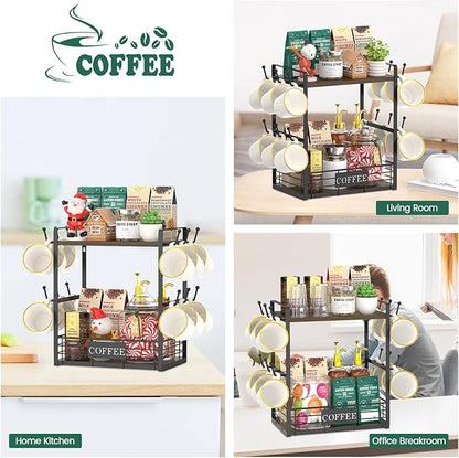 EsLuker.ly Coffee Mug Cup Holder Tree Bar Station Organizer, 2 Tier Mug Stand Rack for Countertop Kitchen, Storage Tower Display Shelf with 12 Hooks, Coffee Nook Enhancer, Brown-Black