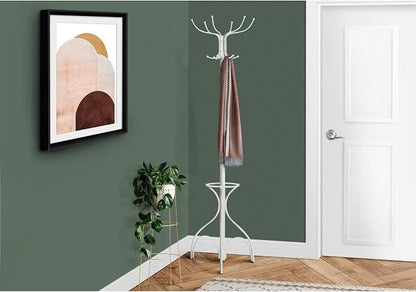 Monarch Specialties I 2030 Coat Rack, Hall Tree, Free Standing, 12 Hooks, Entryway, 70" H, Umbrella Holder, Bedroom, Metal, White, Contemporary, Modern