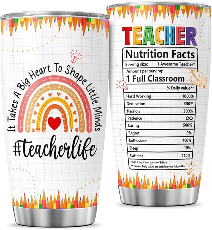 Teacher Appreciation Gift for Women, Rainbow Design Insulated 20oz Stainless Steel Tumbler, Thoughtful Thank You Travel Cup for Daycare, Preschool, Back to School