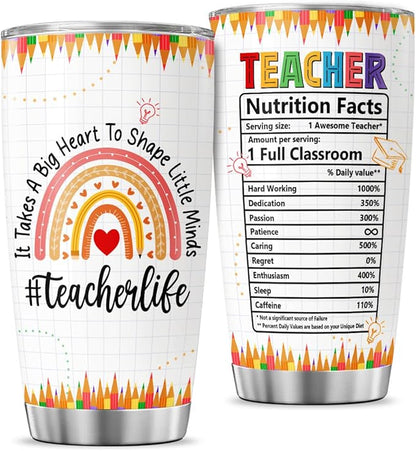 Teacher Appreciation Gift for Women, Rainbow Design Insulated 20oz Stainless Steel Tumbler, Thoughtful Thank You Travel Cup for Daycare, Preschool, Back to School