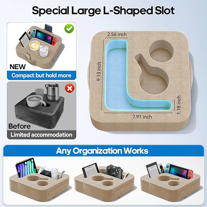 Couch Cup Holder Pillow, Sofa and Bed Organizer Caddy for iPad, Kindle, Switch, Game Controller, Remotes, Phones, Small-Sized Cup & Drink Holder for Couch, Bed, Desk, Car, Beach, Desk, Khaki