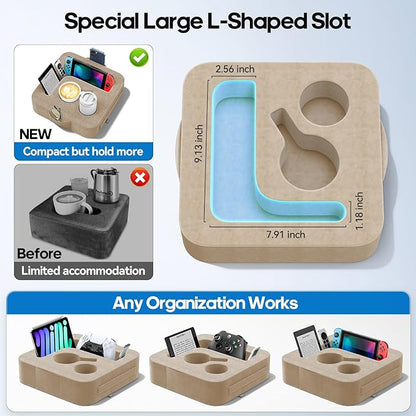 Couch Cup Holder Pillow, Sofa and Bed Organizer Caddy for iPad, Kindle, Switch, Game Controller, Remotes, Phones, Small-Sized Cup & Drink Holder for Couch, Bed, Desk, Car, Beach, Desk, Khaki