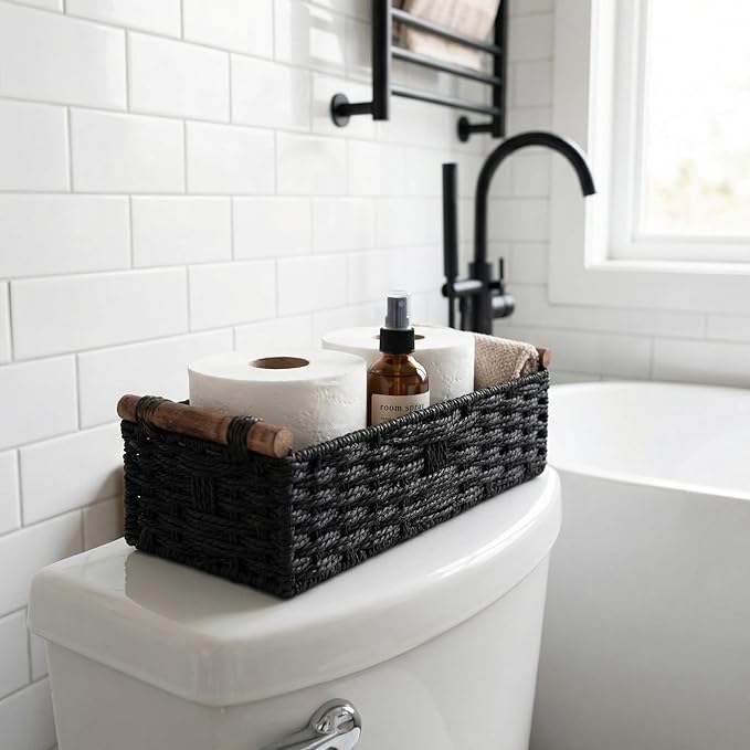 Back of Toilet Basket, Black Toilet Tank Basket with Wooden Handles, Handwoven Paper Rope Wicker Organizer for Toilet Top/Over Toilet Shelf/Bathroom Counter Storage Bin,Holds 2 Toilet Paper Rolls