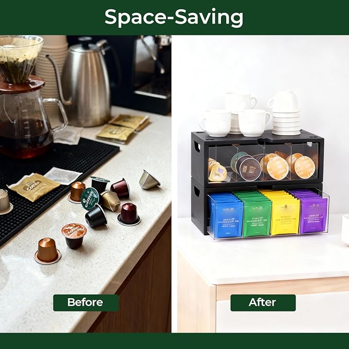 Bamboo Tea Bag Organizer for Cabinet & Countertop - 2-Piece Stackable Tea Box Set, Large Capacity Storage Containers for Tea Bags & Packets - Modular Pantry Organization & Kitchen Tea Station Holder