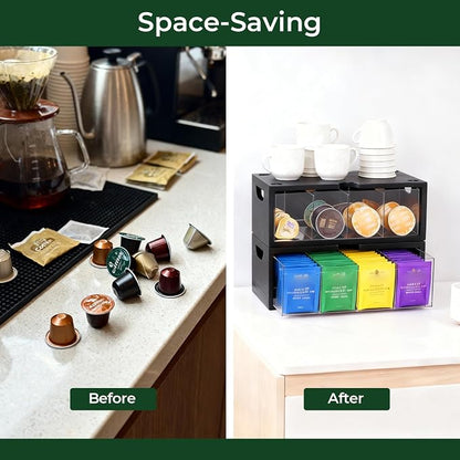 Bamboo Tea Bag Organizer for Cabinet & Countertop - 2-Piece Stackable Tea Box Set, Large Capacity Storage Containers for Tea Bags & Packets - Modular Pantry Organization & Kitchen Tea Station Holder