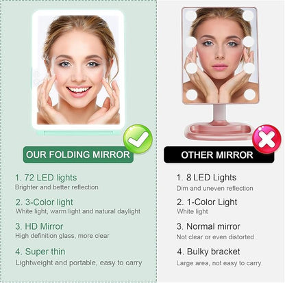 deweisn Folding Travel Mirror Lighted Makeup Mirror with 72 LEDs 3 Colors Light Modes, USB Rechargable, Portable, Ultra Thin, CompactVanity Mirror with Touch Screen Dimming for Cosmetic (Green)