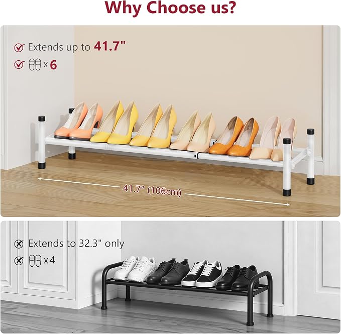 Tajsoon Expandable Shoe Rack for Closet 1 Tier, 28“-41“Adjustable & Stackable Shoe Shelf Storage, Metal Shoe Rack Organizer for Front Door Entrance, Closet, Garage, Entryway, White