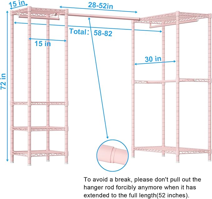 E10L L-Shaped Clothes Rack for Corner（With Expandable Hanger Rod）Heavy Duty Freestanding Clothing Racks for Hanging Clothes，Portable Garment Rack 58-82"W x 30"D x 72"H，Max Load 900LBS, Pink