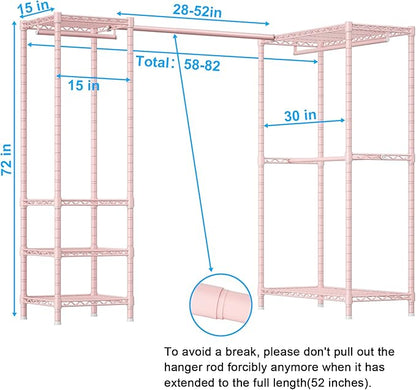 E10L L-Shaped Clothes Rack for Corner（With Expandable Hanger Rod）Heavy Duty Freestanding Clothing Racks for Hanging Clothes，Portable Garment Rack 58-82"W x 30"D x 72"H，Max Load 900LBS, Pink